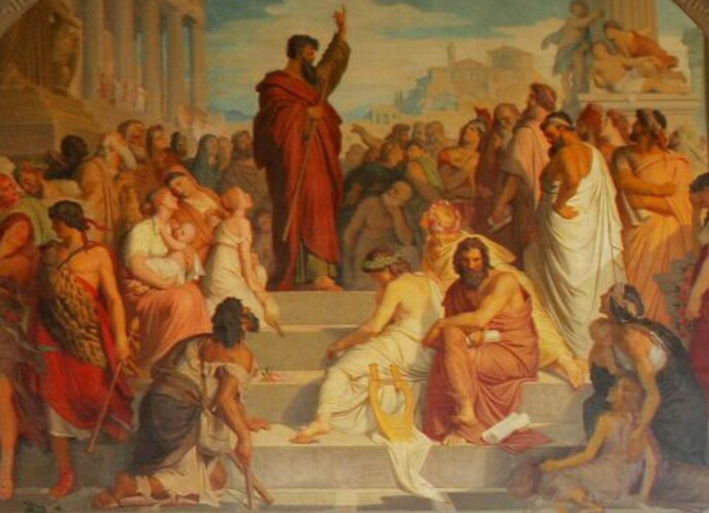 Paul preaching at Athens on Mars' hill, declaring the unknown God to the philosophers — public domain painting