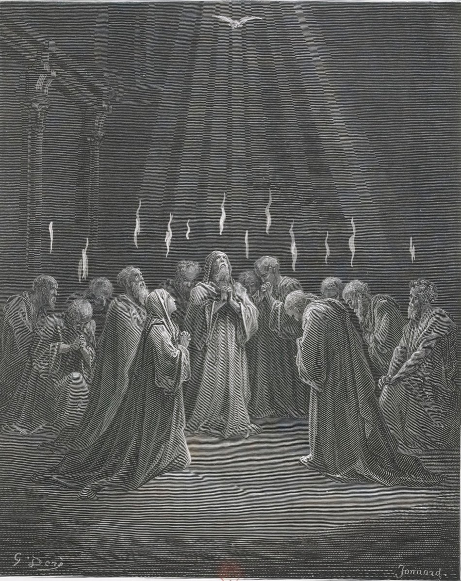 Engraving of Pentecost, tongues of fire above the apostles — Gustave Doré