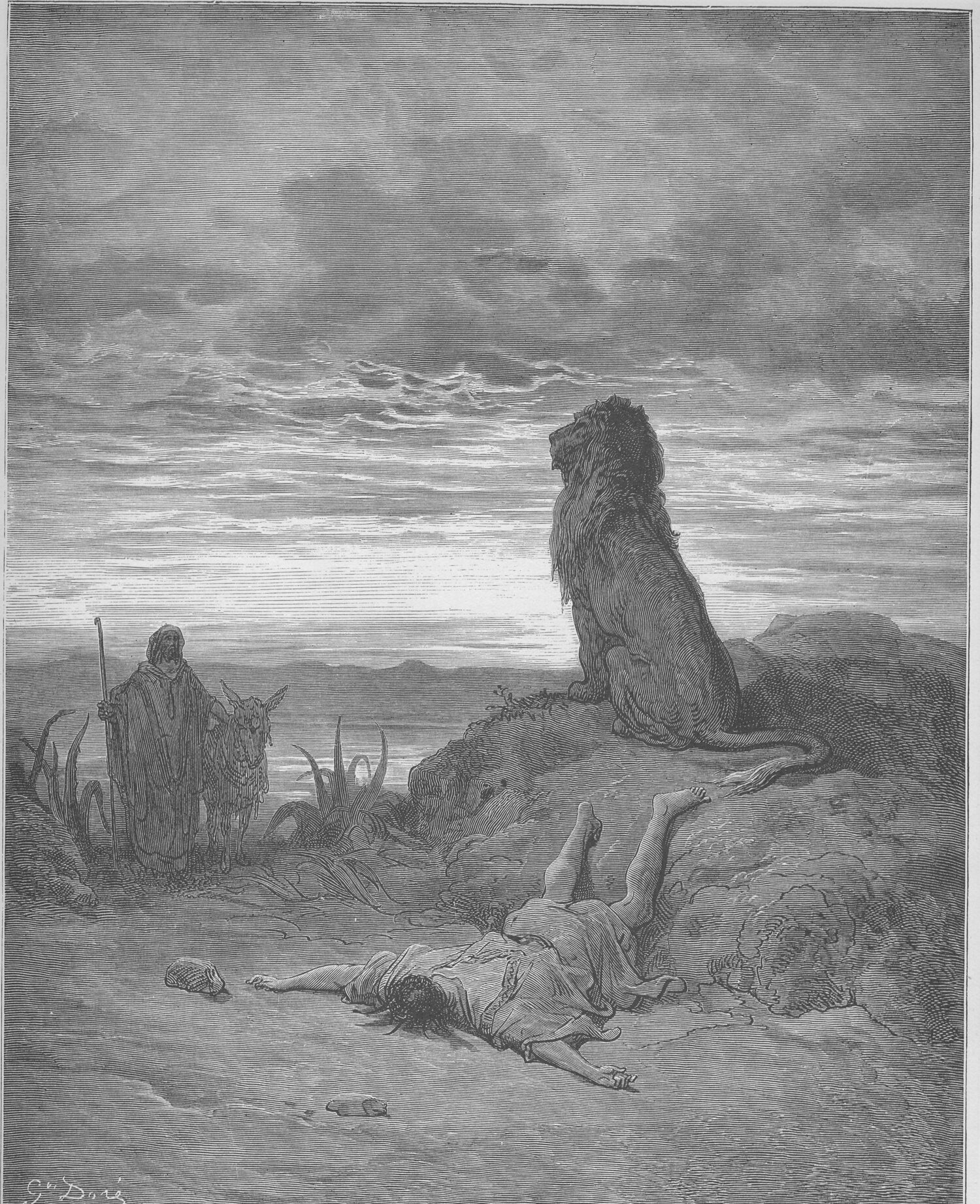 Engraving of the disobedient prophet slain by a lion, the beast standing over the body at sunset — Gustave Doré