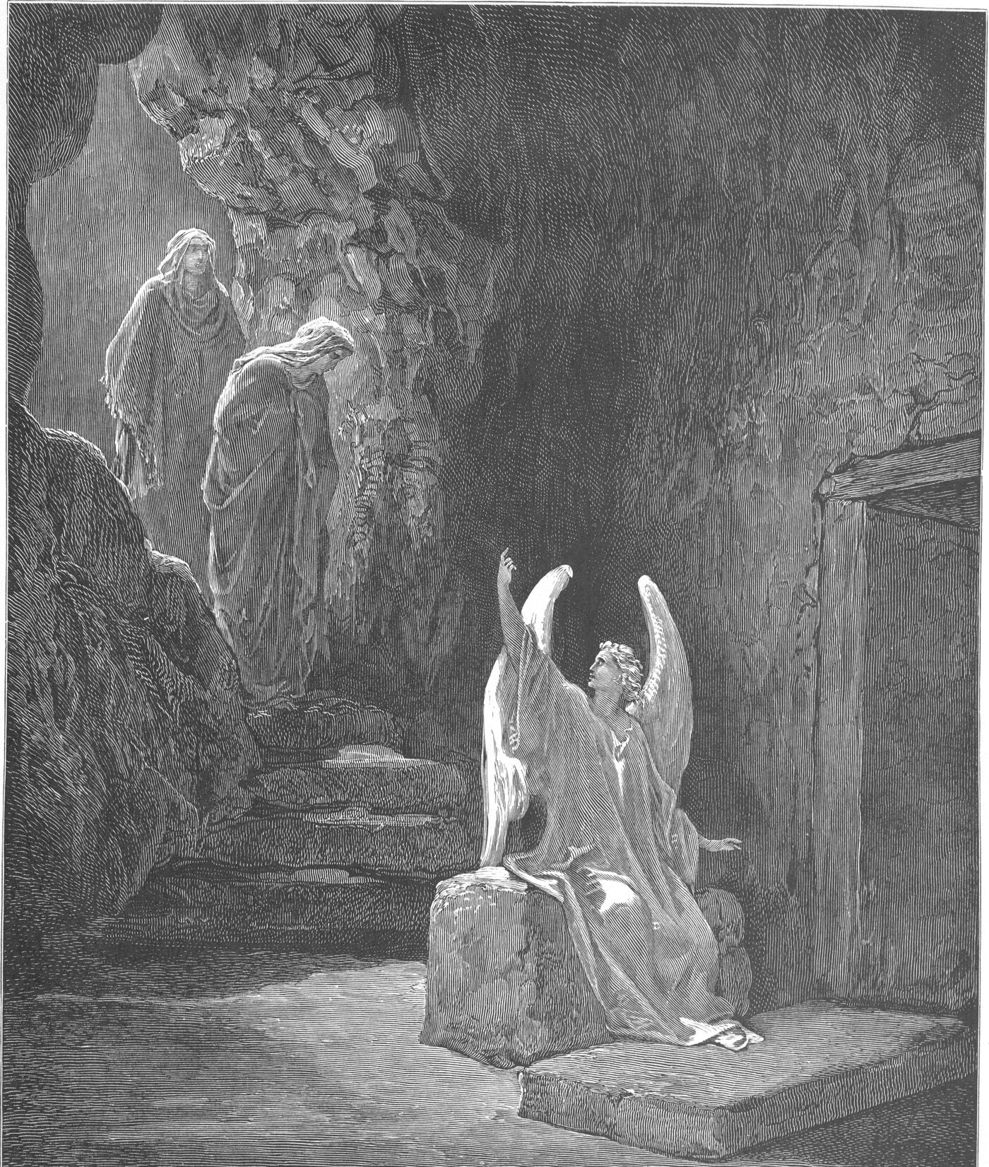 Engraving of the angel at the empty tomb and the women who came at dawn — Gustave Doré