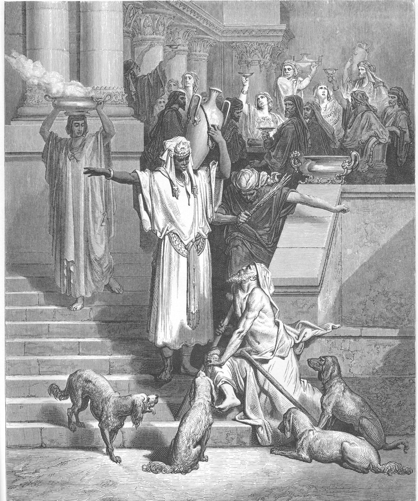 Engraving of the beggar Lazarus at the rich man's gate, the dogs at his sores — Gustave Doré