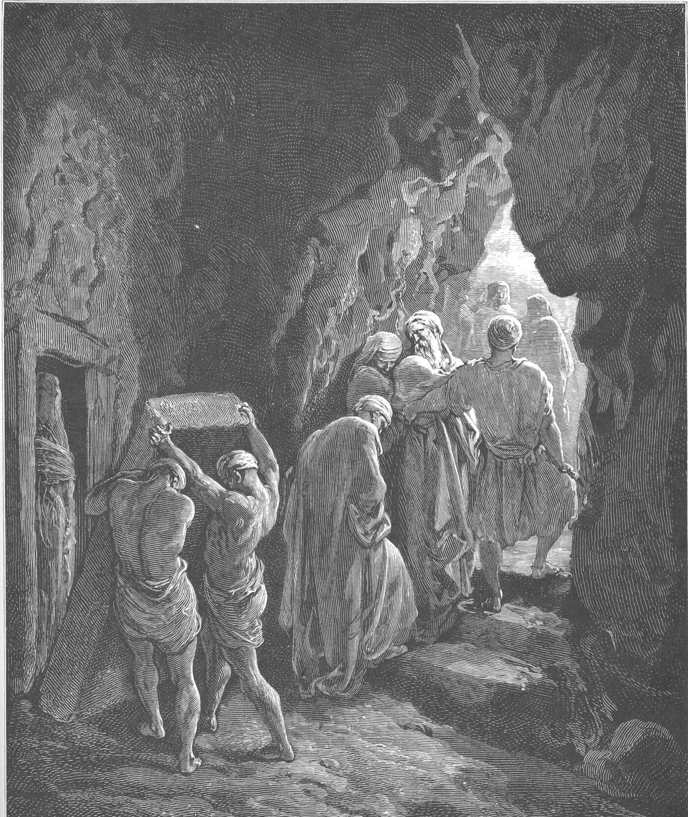 The burial of Sarah in the cave of Machpelah, Abraham old and well stricken in age — Gustave Doré