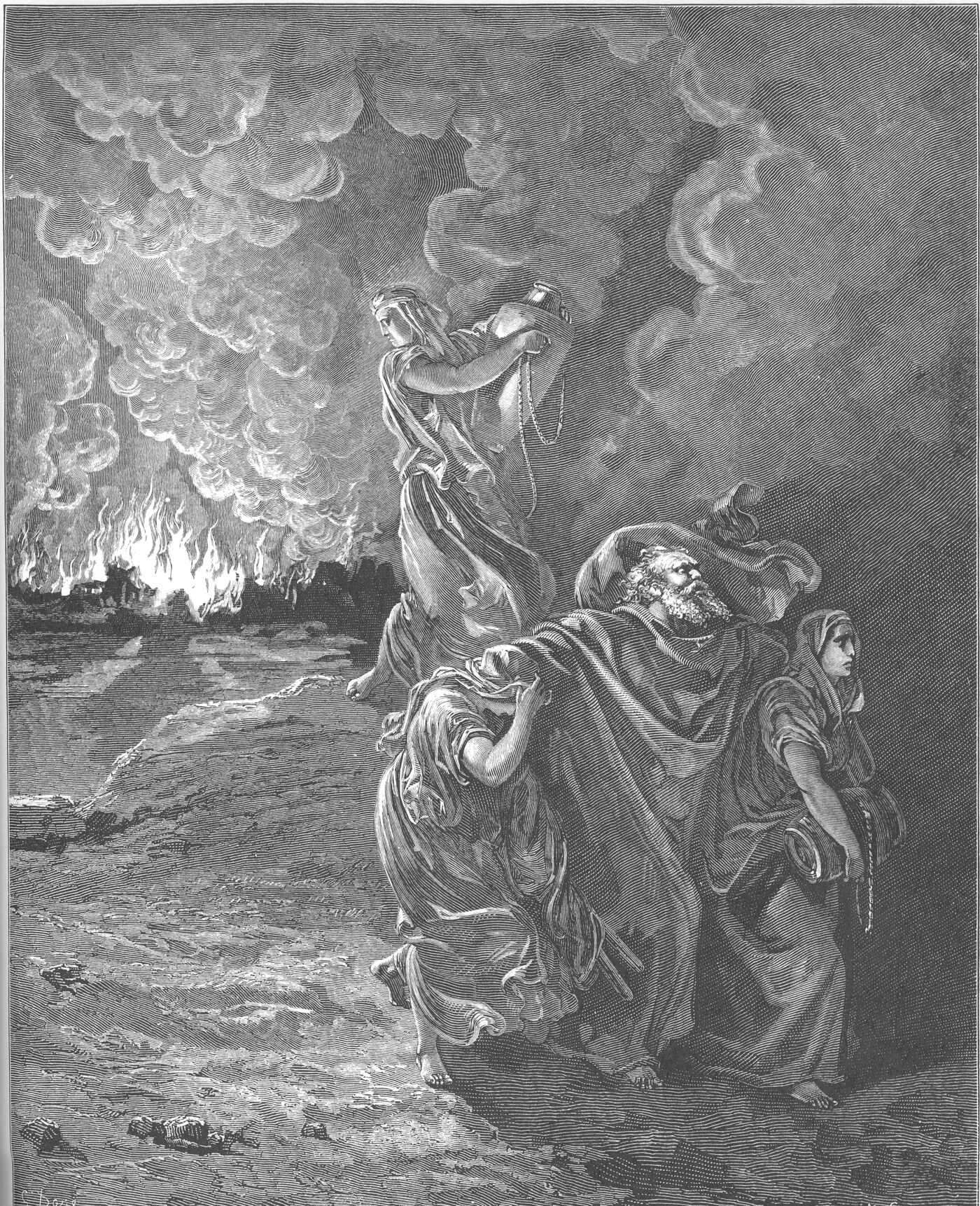 Engraving of the flight of Lot as Sodom burns — Gustave Doré