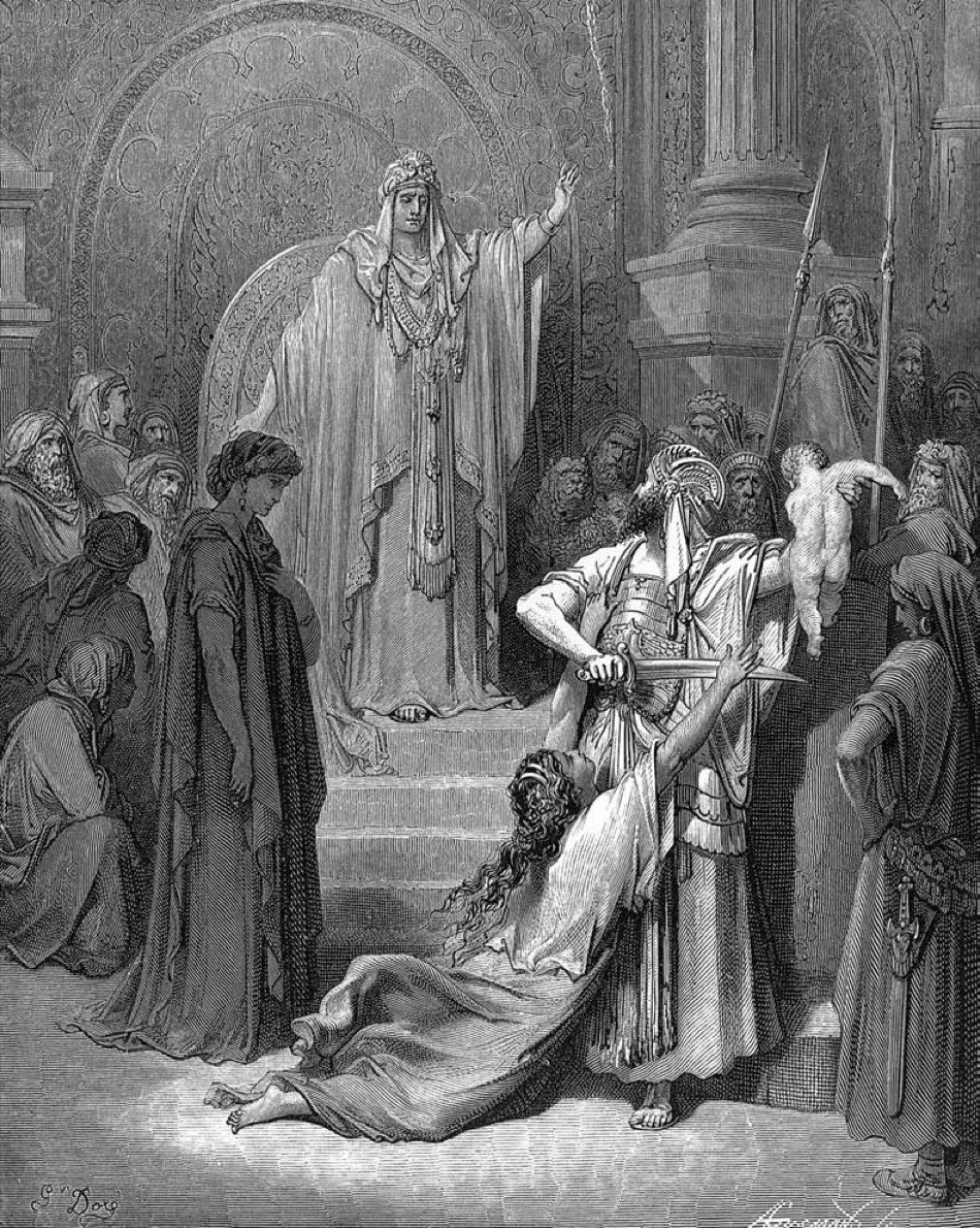 Engraving of the Judgment of Solomon, the king enthroned with hand raised in verdict — Gustave Doré