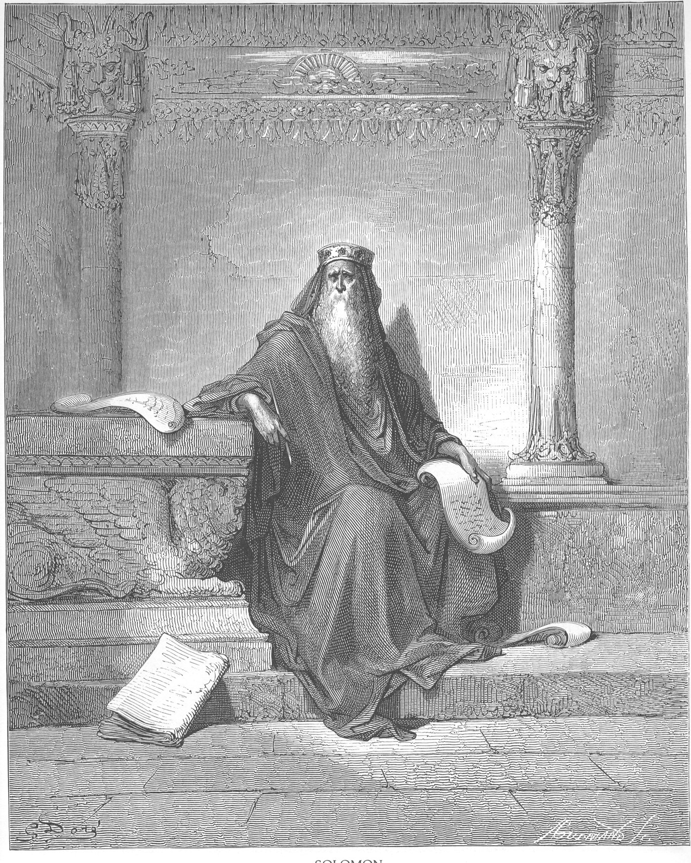 King Solomon enthroned with scrolls, pondering — Gustave Doré