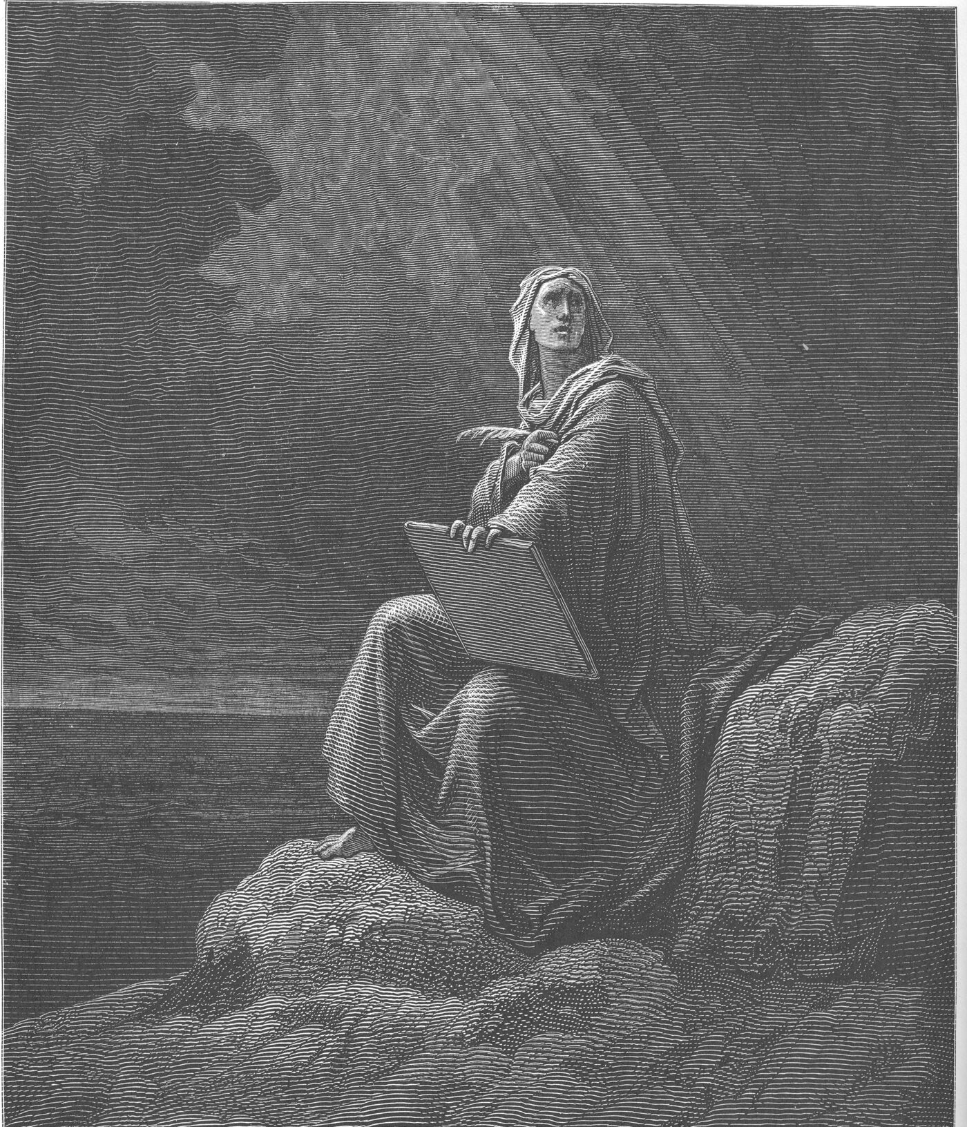 Engraving of St. John at Patmos receiving the Revelation in rays of light — Gustave Doré