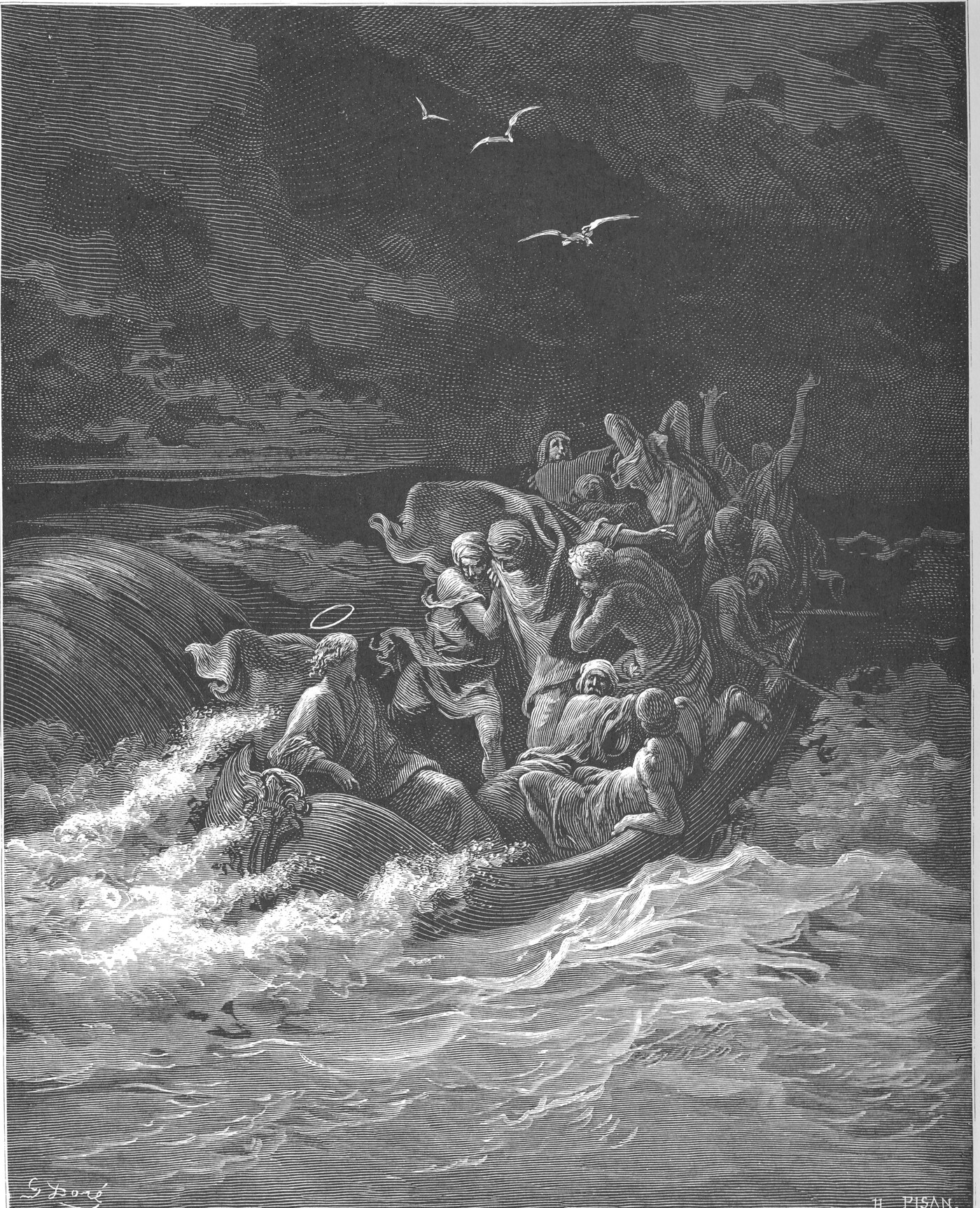 Engraving of Jesus stilling the tempest on the sea of Galilee — Gustave Doré