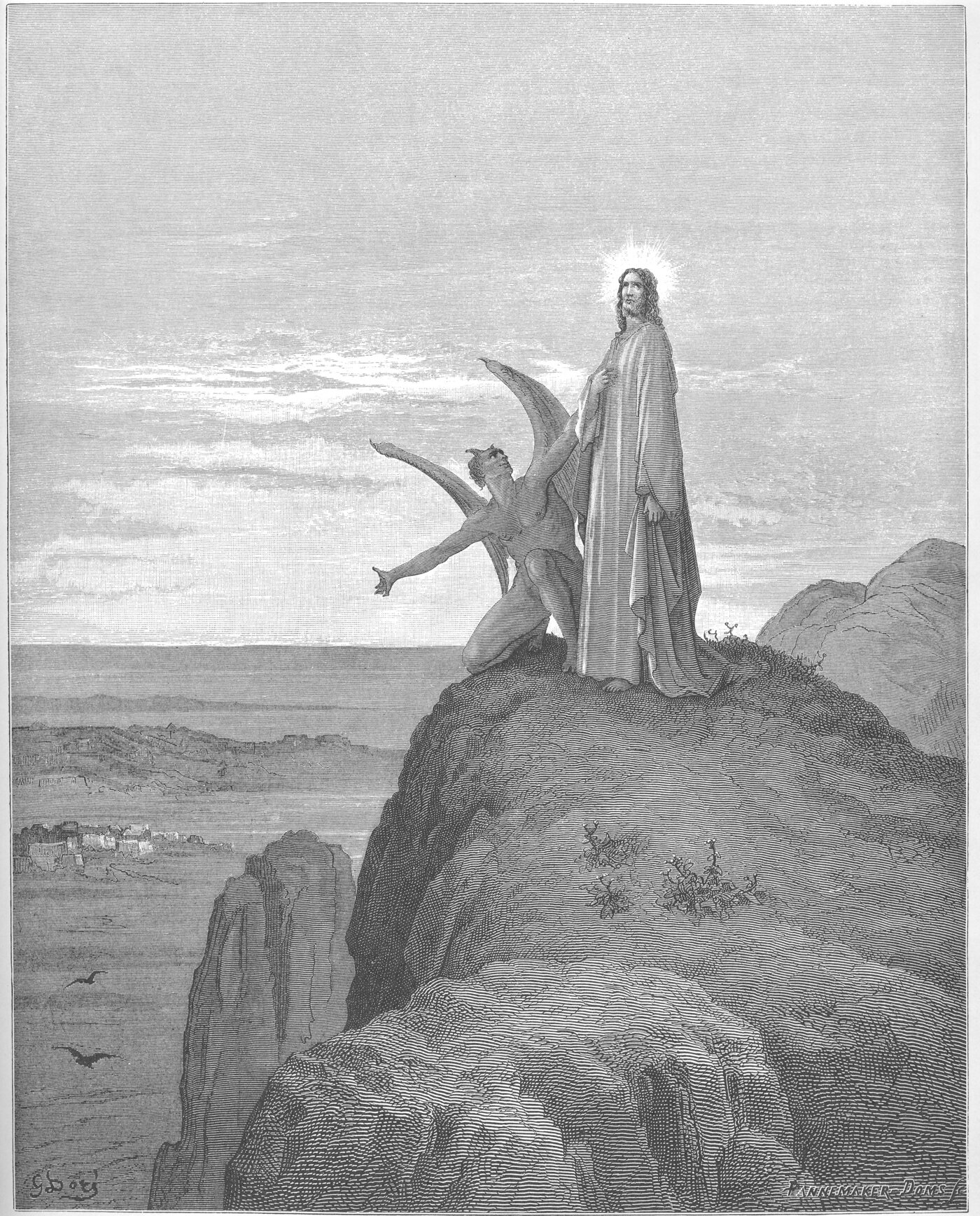Engraving of the temptation of Jesus on a high mountain, the devil showing Him the kingdoms of the world — Gustave Doré