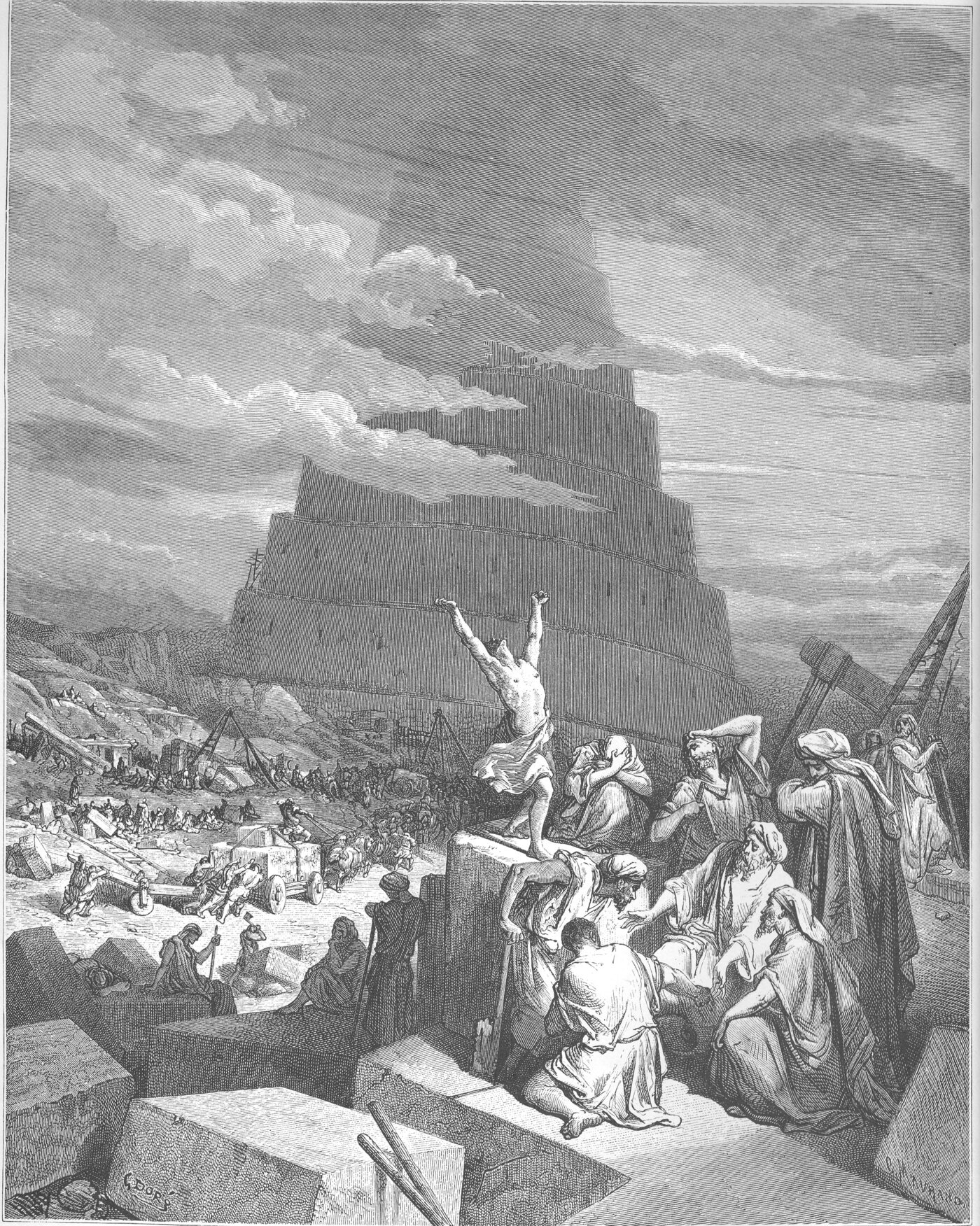 Engraving of the Tower of Babel, the builders confounded as the Lord scattered their language — Gustave Doré