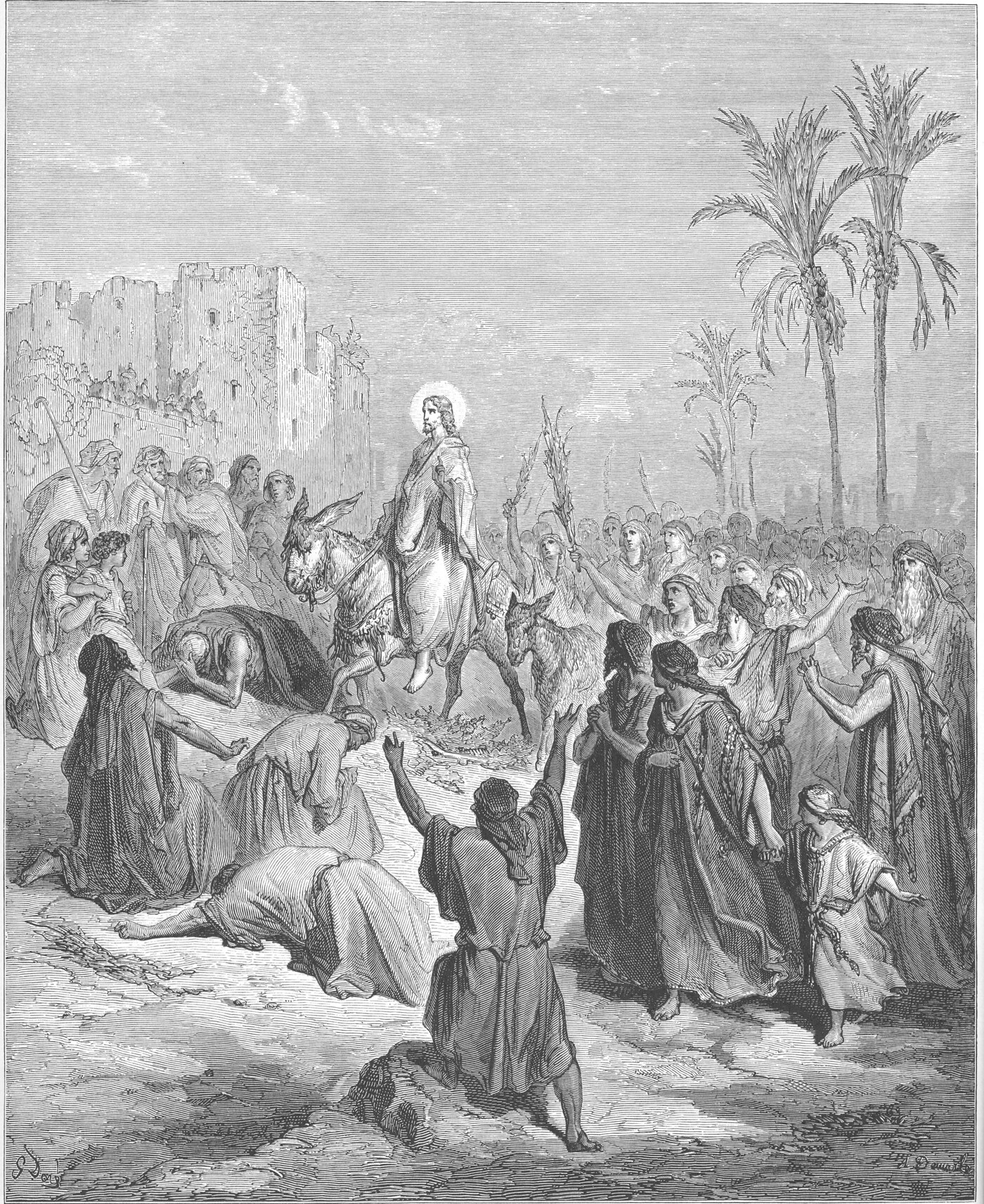 Engraving of the entry of Jesus into Jerusalem, the crowd waving palms — Gustave Doré