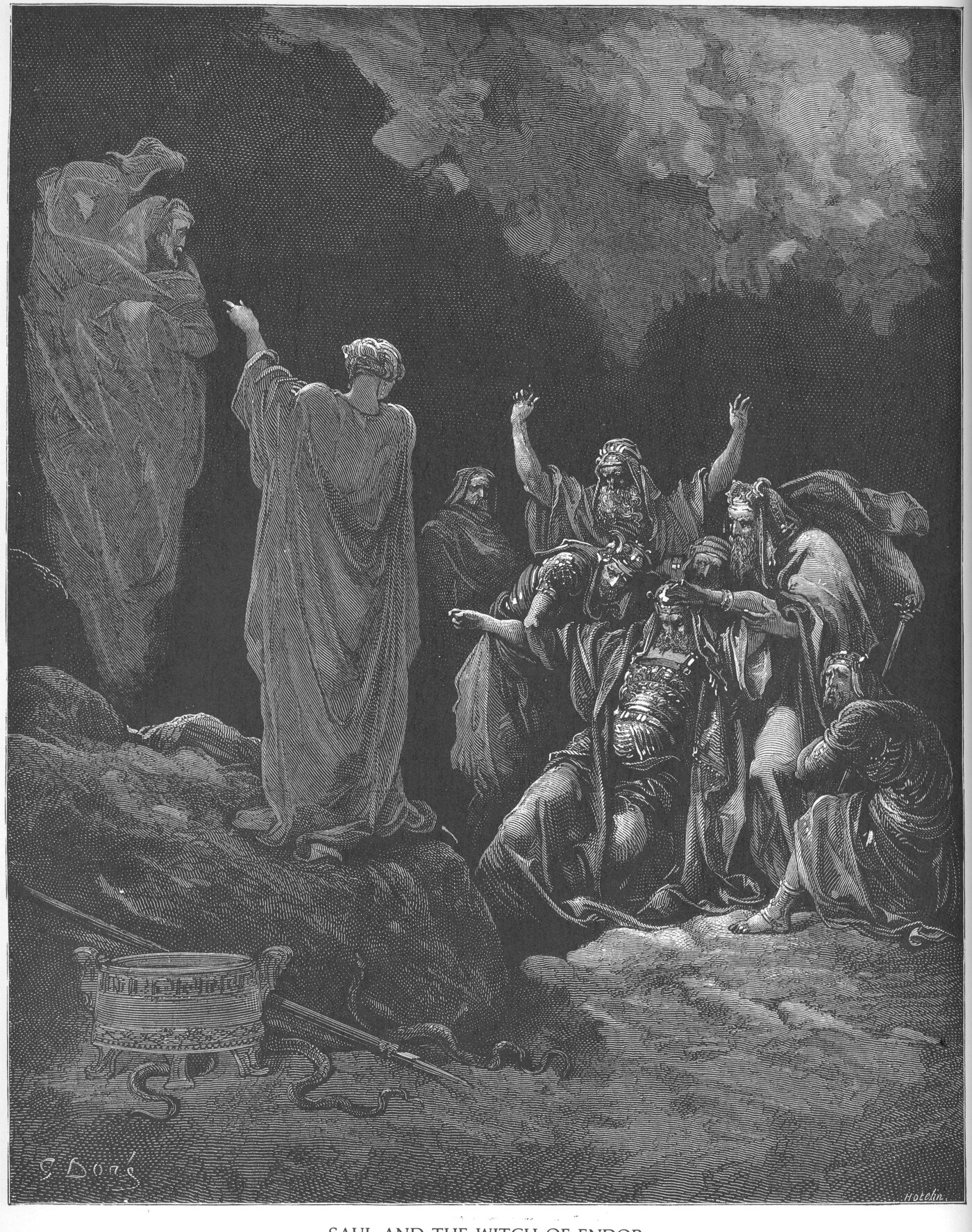 Saul and the witch of Endor, the apparition of Samuel rising in the night — Gustave Doré