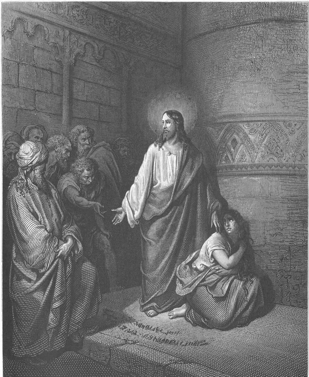 Jesus standing between the woman taken in adultery and her accusers — Gustave Doré