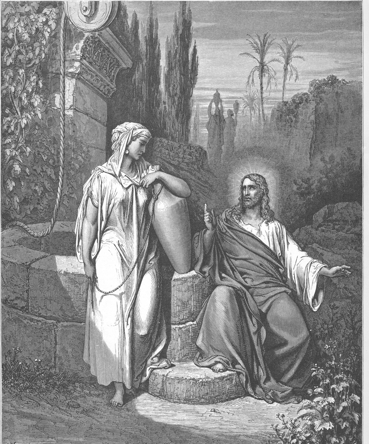 Engraving of Jesus and the woman of Samaria at the well, her amphora resting on the steps — Gustave Doré
